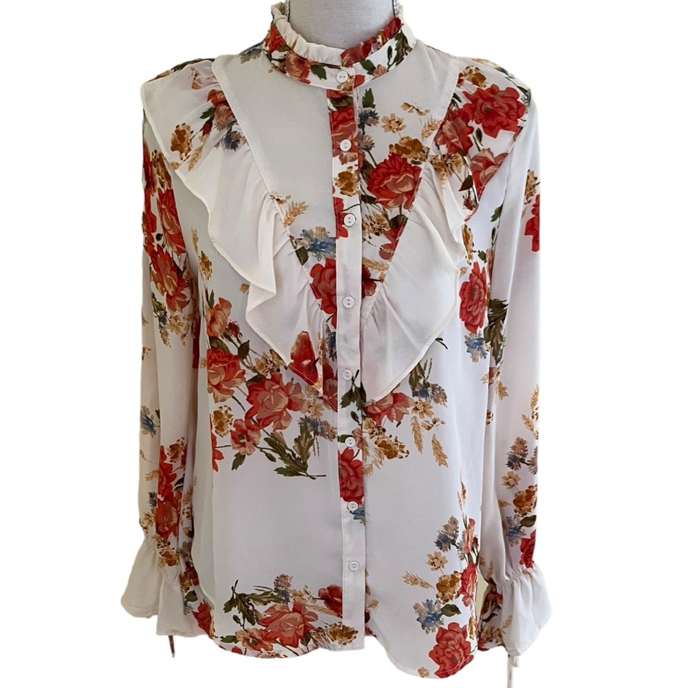 bleuh ciel Cream with Orange, Yellow, Blue Floral Print Long Sleeve Blouse